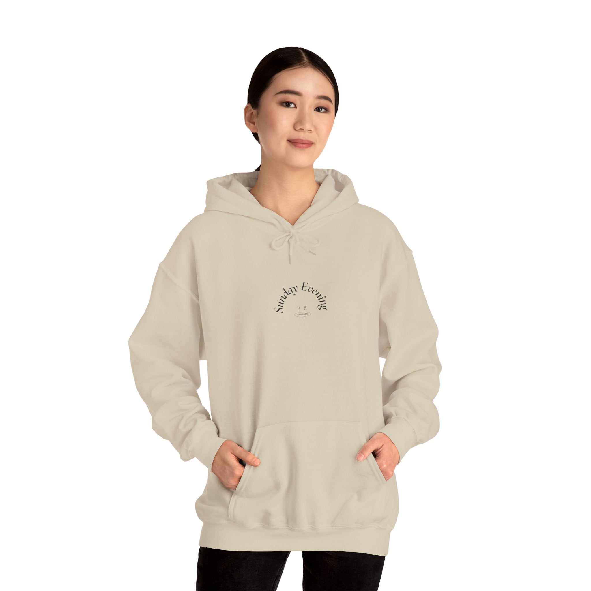 Sunday Evening Hoodie — Minimal Curved Text Pullover
