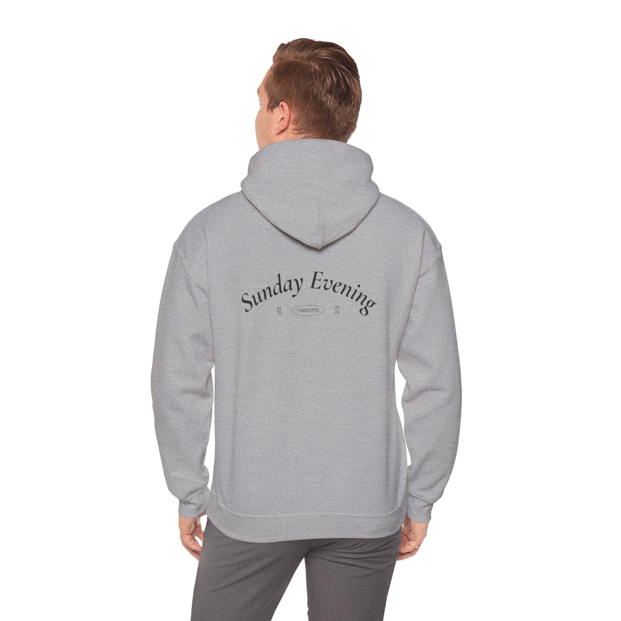 Sunday Evening Hoodie — Minimal Curved Text Pullover