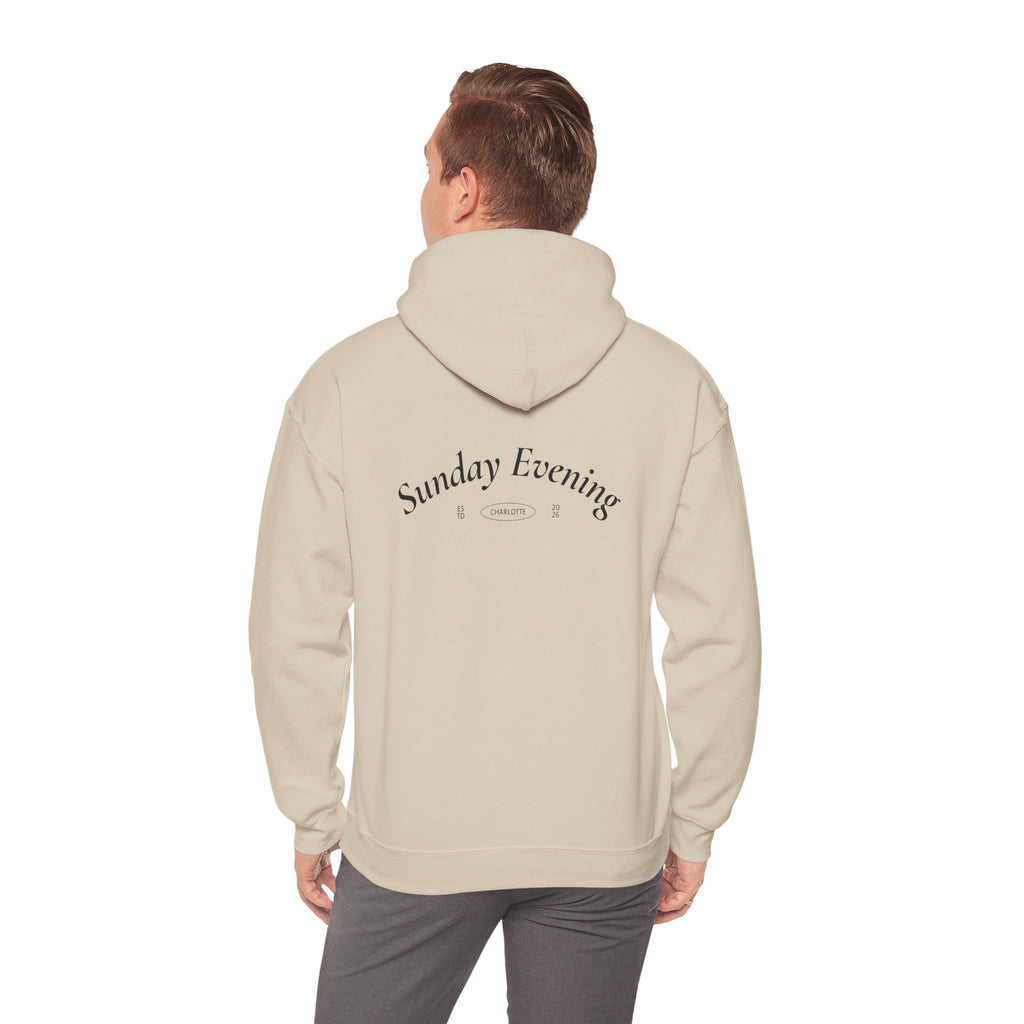Sunday Evening Hoodie — Minimal Curved Text Pullover