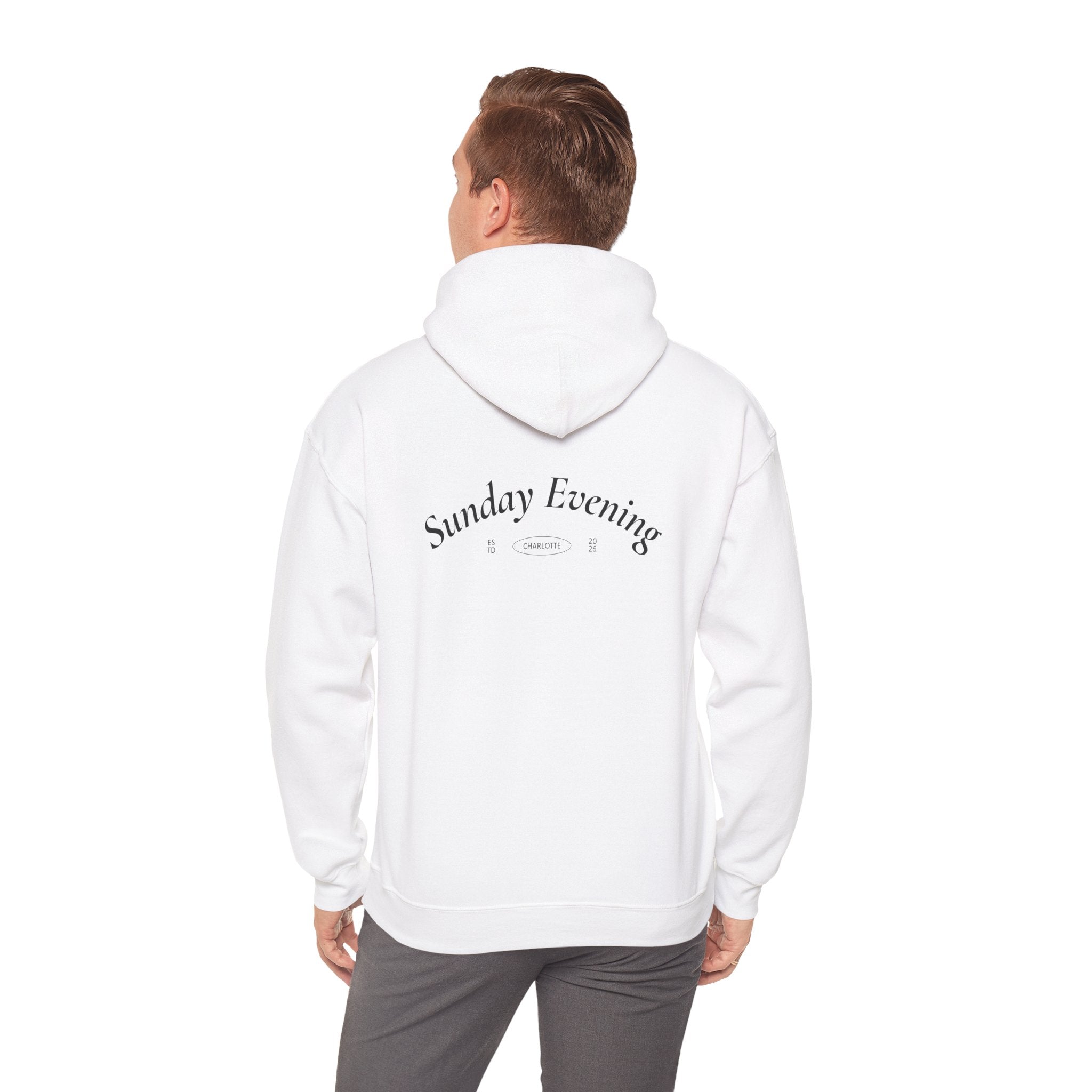 Sunday Evening Hoodie — Minimal Curved Text Pullover