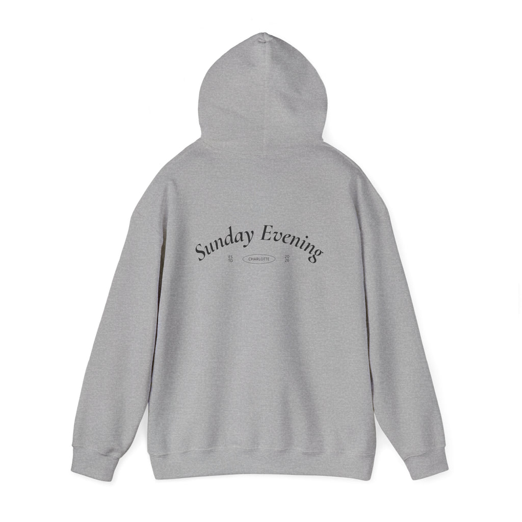 Sunday Evening Hoodie — Minimal Curved Text Pullover