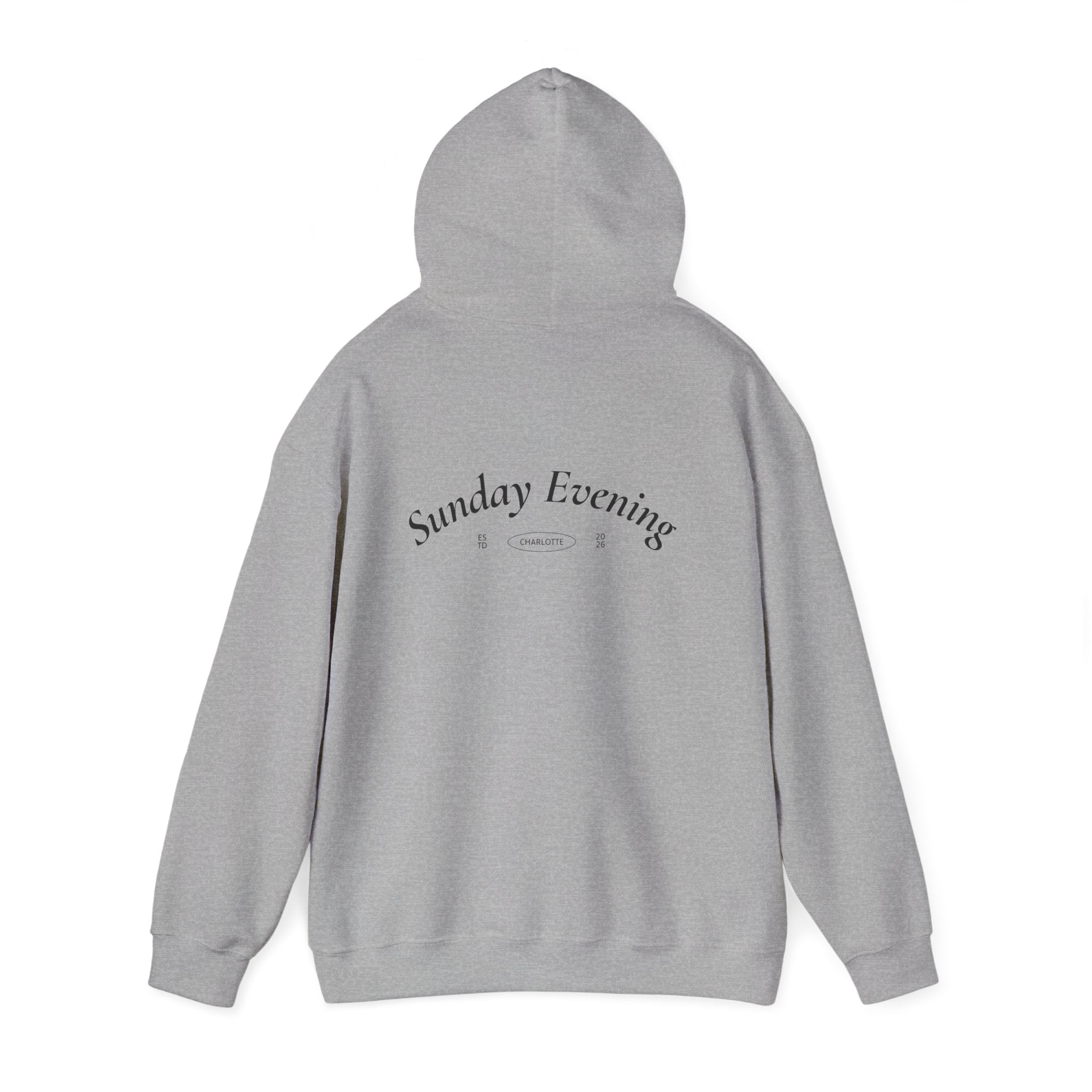 Sunday Evening Hoodie — Minimal Curved Text Pullover