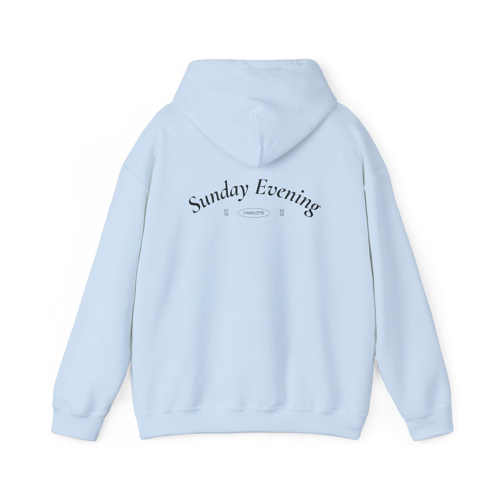 Sunday Evening Hoodie — Minimal Curved Text Pullover