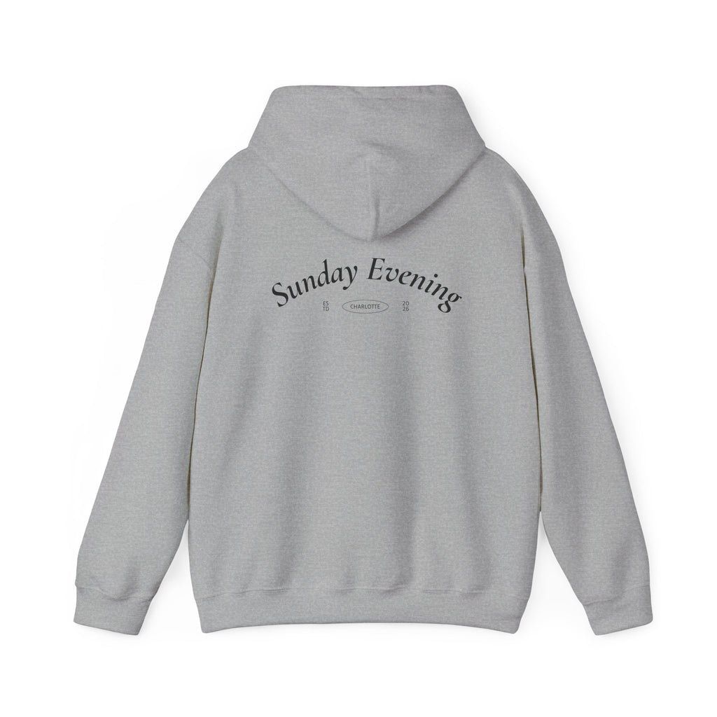 Sunday Evening Hoodie — Minimal Curved Text Pullover