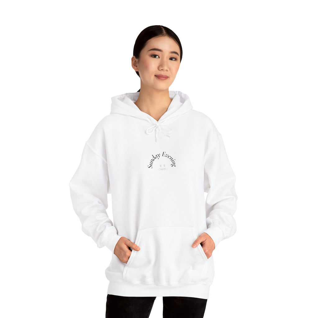 Sunday Evening Hoodie — Minimal Curved Text Pullover