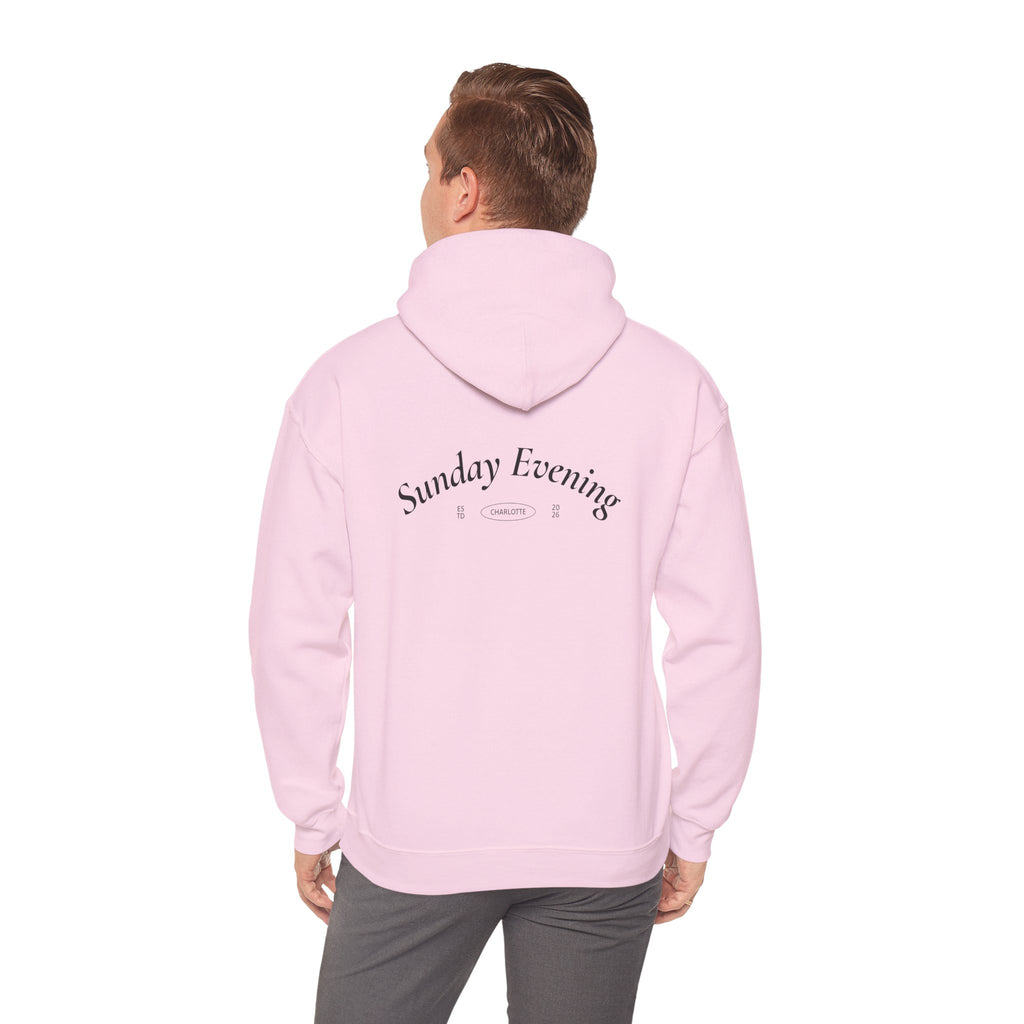 Sunday Evening Hoodie — Minimal Curved Text Pullover