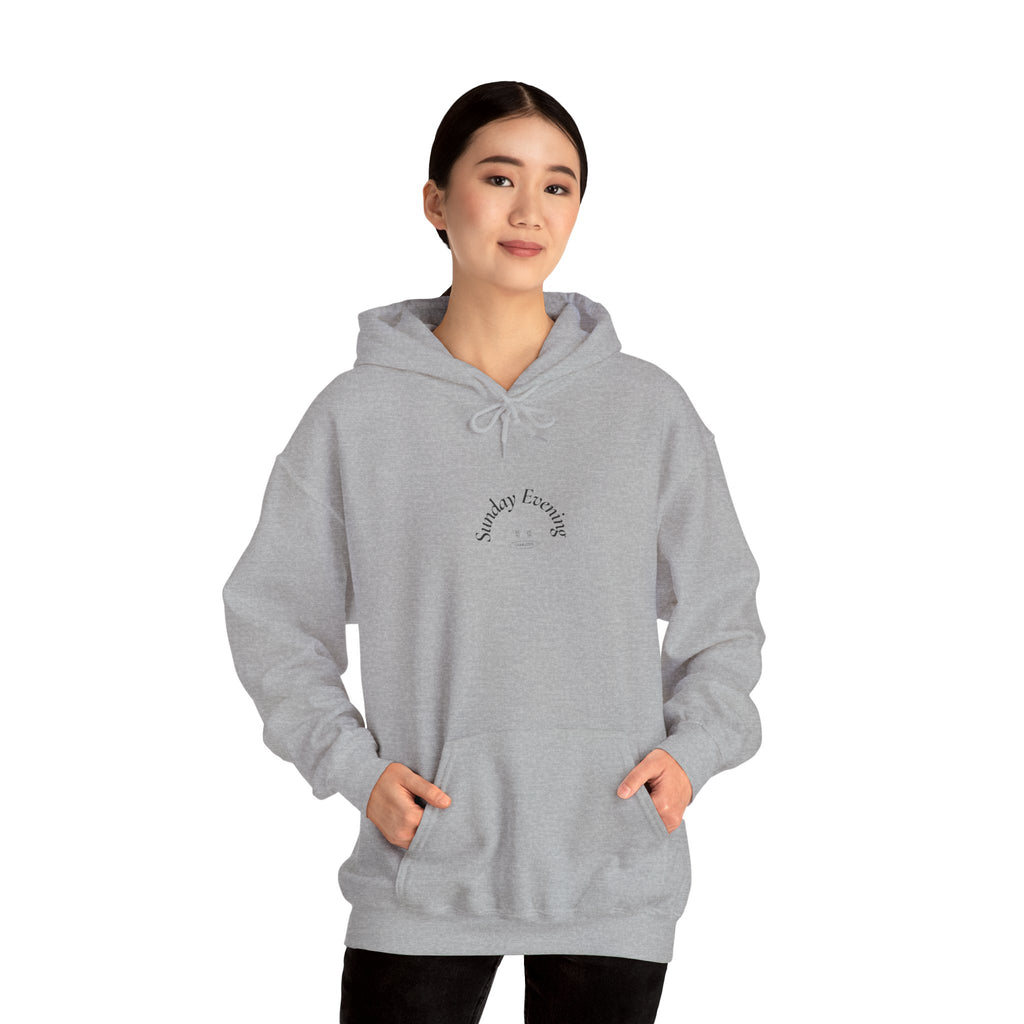 Sunday Evening Hoodie — Minimal Curved Text Pullover