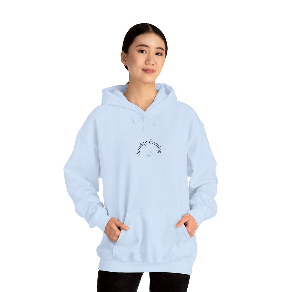 Sunday Evening Hoodie — Minimal Curved Text Pullover