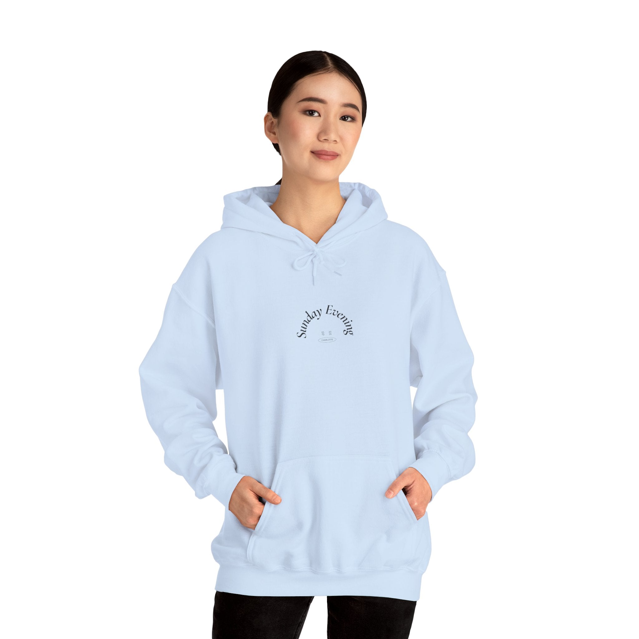 Sunday Evening Hoodie — Minimal Curved Text Pullover