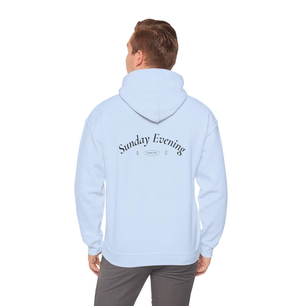 Sunday Evening Hoodie — Minimal Curved Text Pullover
